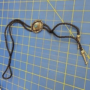 Bolo Oval Silver Tone Turquoise Accent Black Braided Pleather